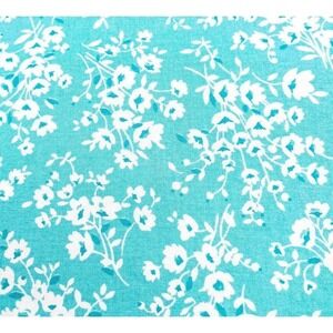 Floral Cotton Fabric 37x45 Teal White Print Vintage Quilting Sewing Material VTG